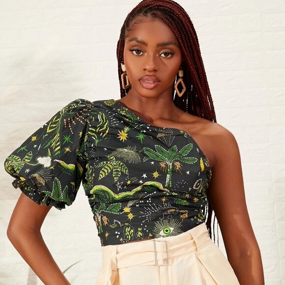 Tops - NEW! African Bohemian Print Boho One Shoulder Puffed Sleeve Cropped Top Blouse